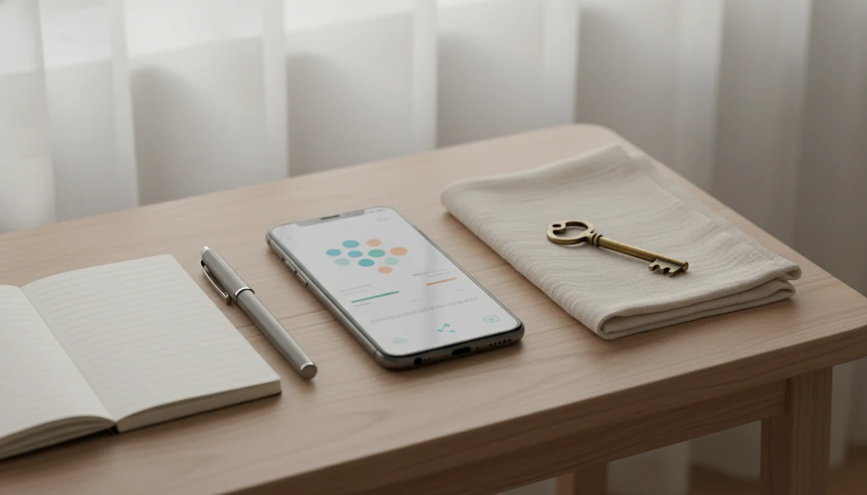 A phone with abstract kick log patterns sits beside a notebook and key on a calm bedside table.