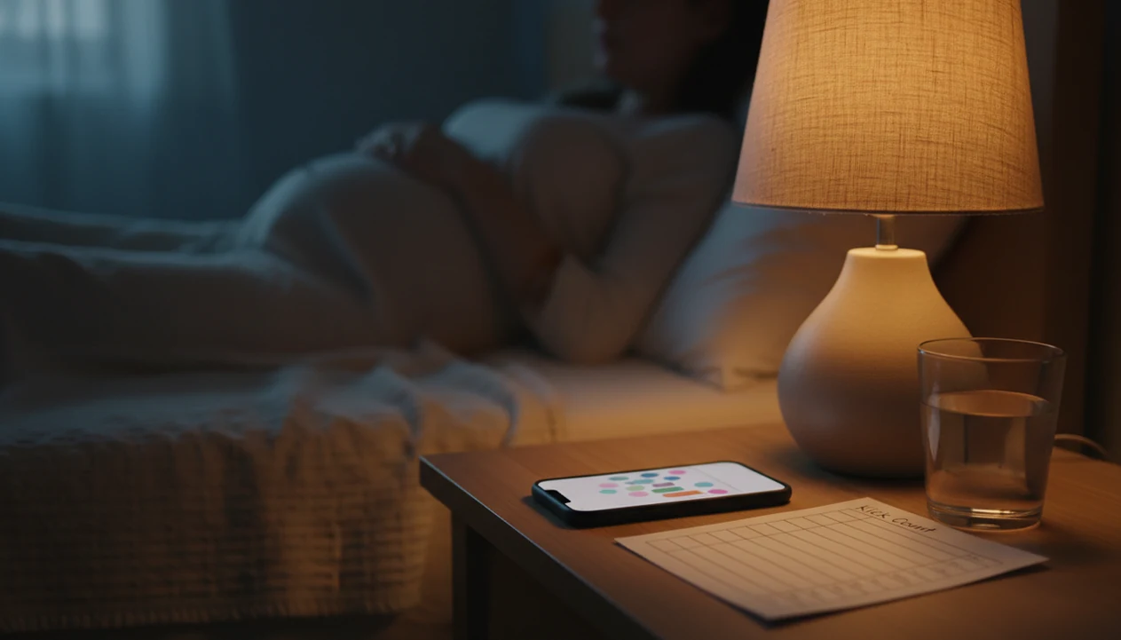 A blurred kick counter app rests on a bedside table in a quiet bedroom at night.