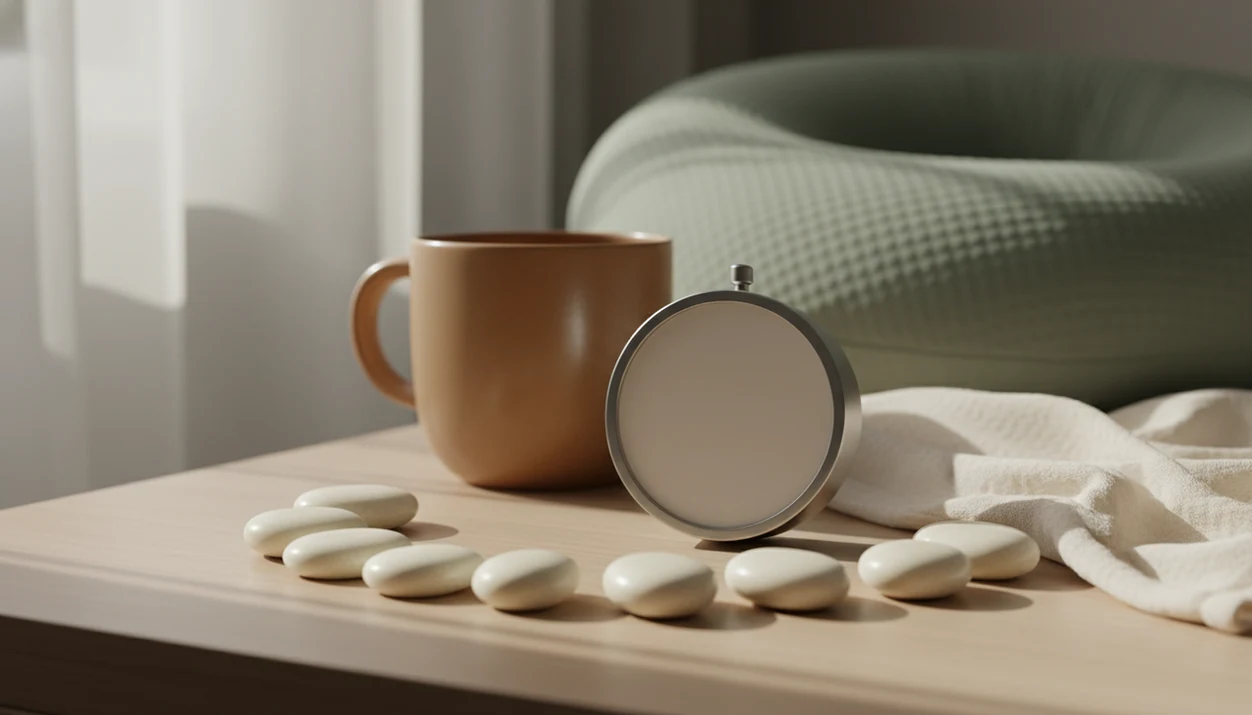 Ten counting stones sit beside a plain timer on a calm bedside table for tracking fetal movement.