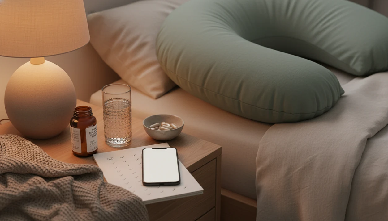 A calm bedside routine setup with a phone, water, vitamins, notebook, and pregnancy pillow.