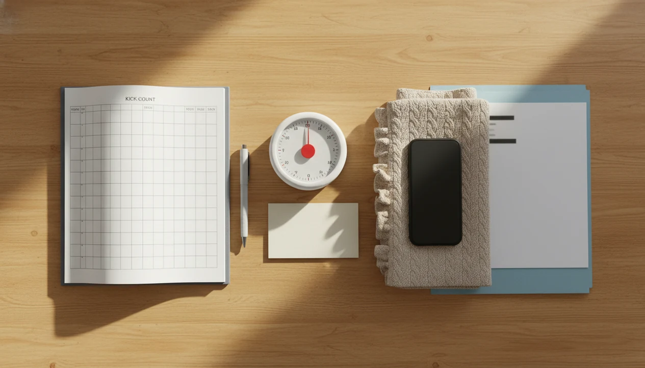 A prepared kick count log, timer, pen, and appointment papers arranged neatly on a table.