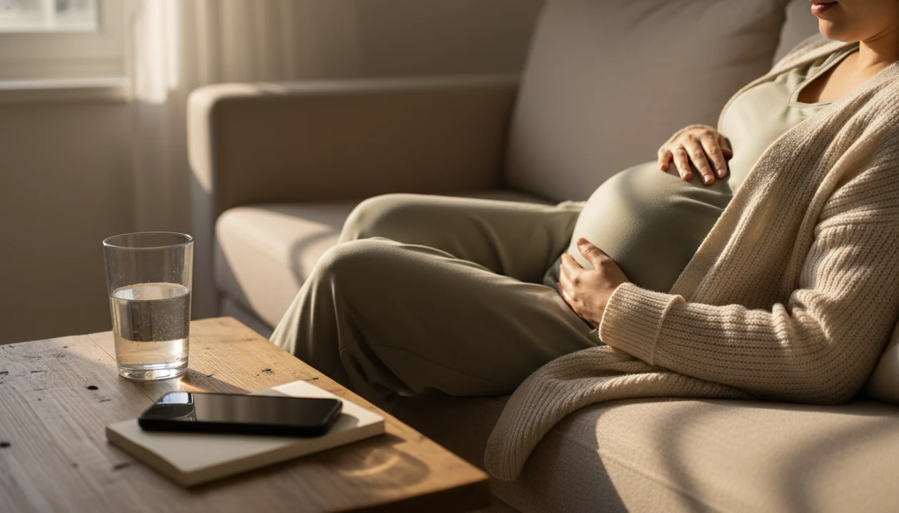 A pregnant person rests on a sofa with a hand on their belly beside a phone, notebook, and water.
