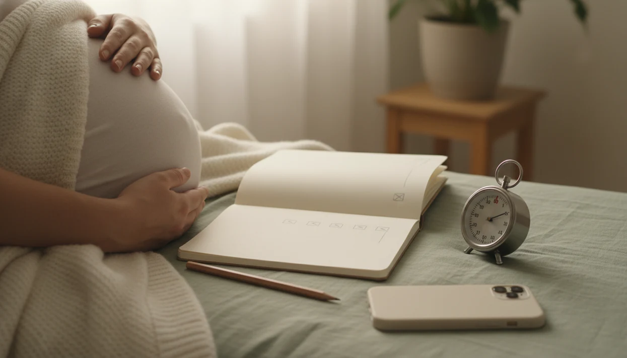 A calm bedside kick counting setup with a notebook, timer, pencil, phone, and hands resting near a pregnant belly.