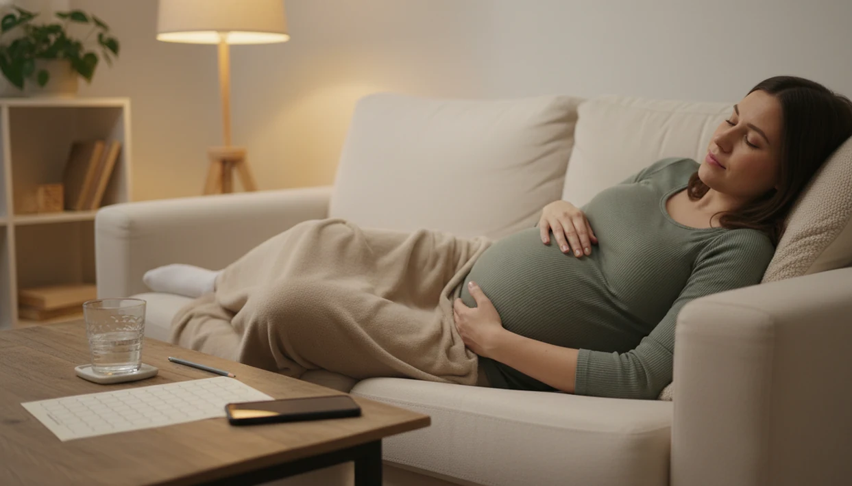 A pregnant person rests on a couch beside a blank tracker and pencil during an evening kick count routine.