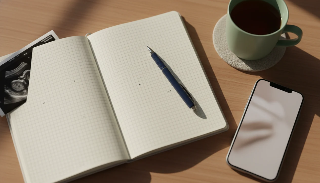 A calm bedside setup shows a notebook, pen, phone, tea, and ultrasound print for tracking fetal movement.