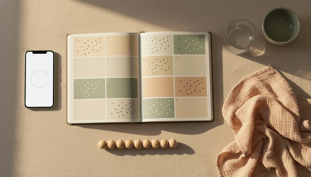 A calm kick counting setup with a blank planner, phone, beads, and baby blanket on a bedside surface.