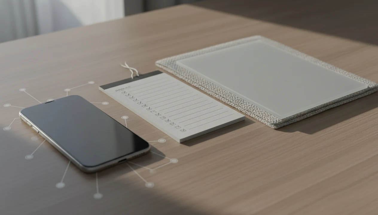 A blank phone, movement notes, and privacy folder suggest sensitive pregnancy app data sharing.