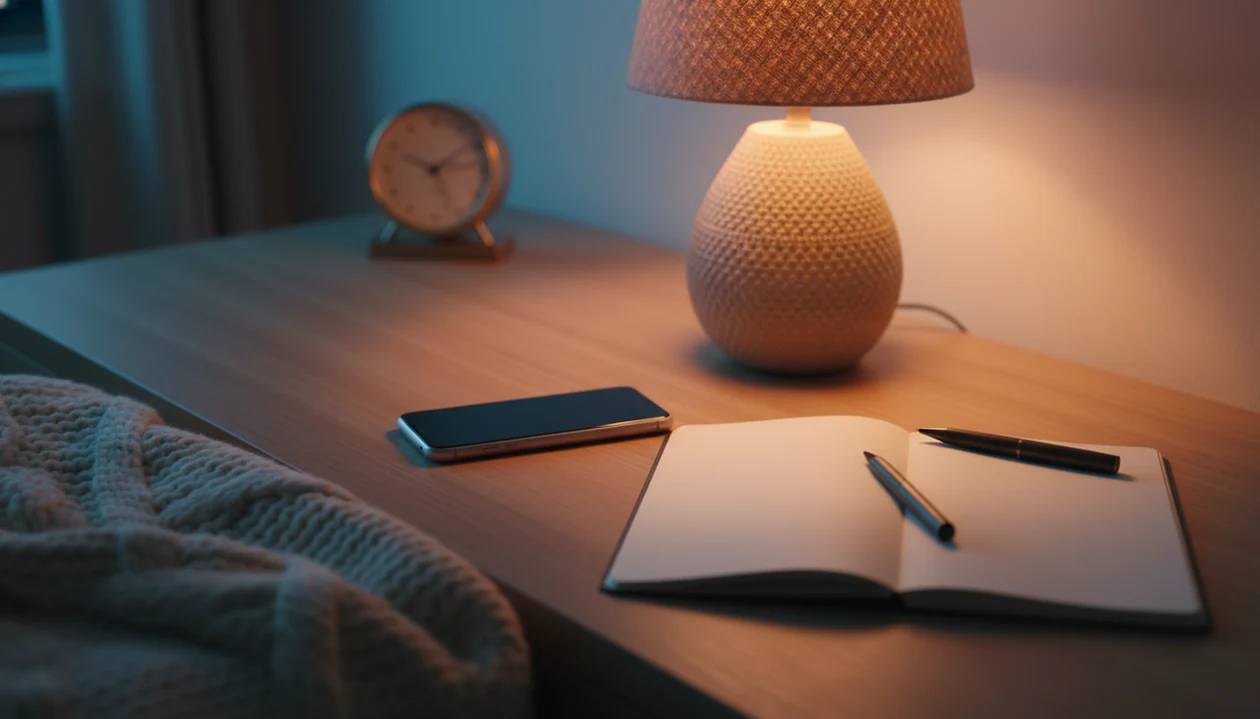 A phone, blank notebook, pen, and baby blanket sit on a softly lit bedside table at night.