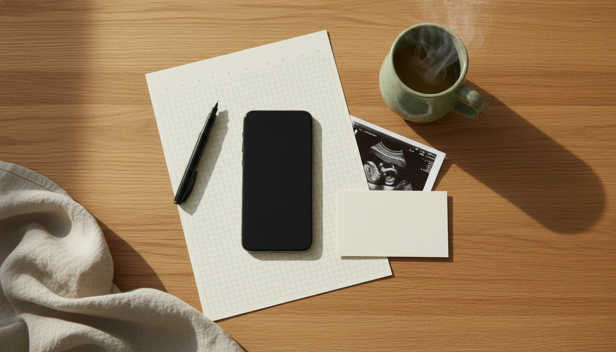 A calm flat lay shows a phone, blank tracking sheet, pen, and ultrasound print for organized kick counts.