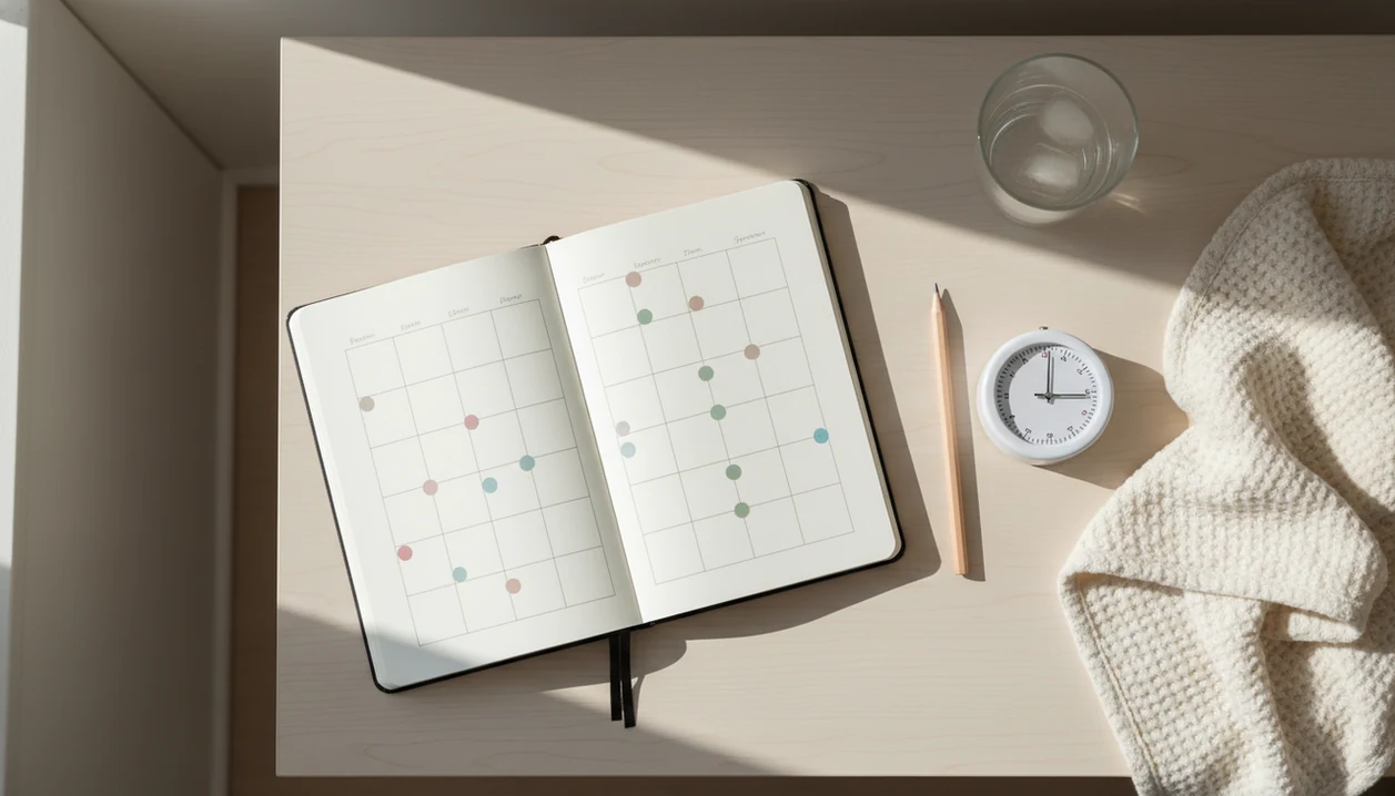 A bedside kick count journal shows two weeks of marked sessions beside a timer and baby blanket.