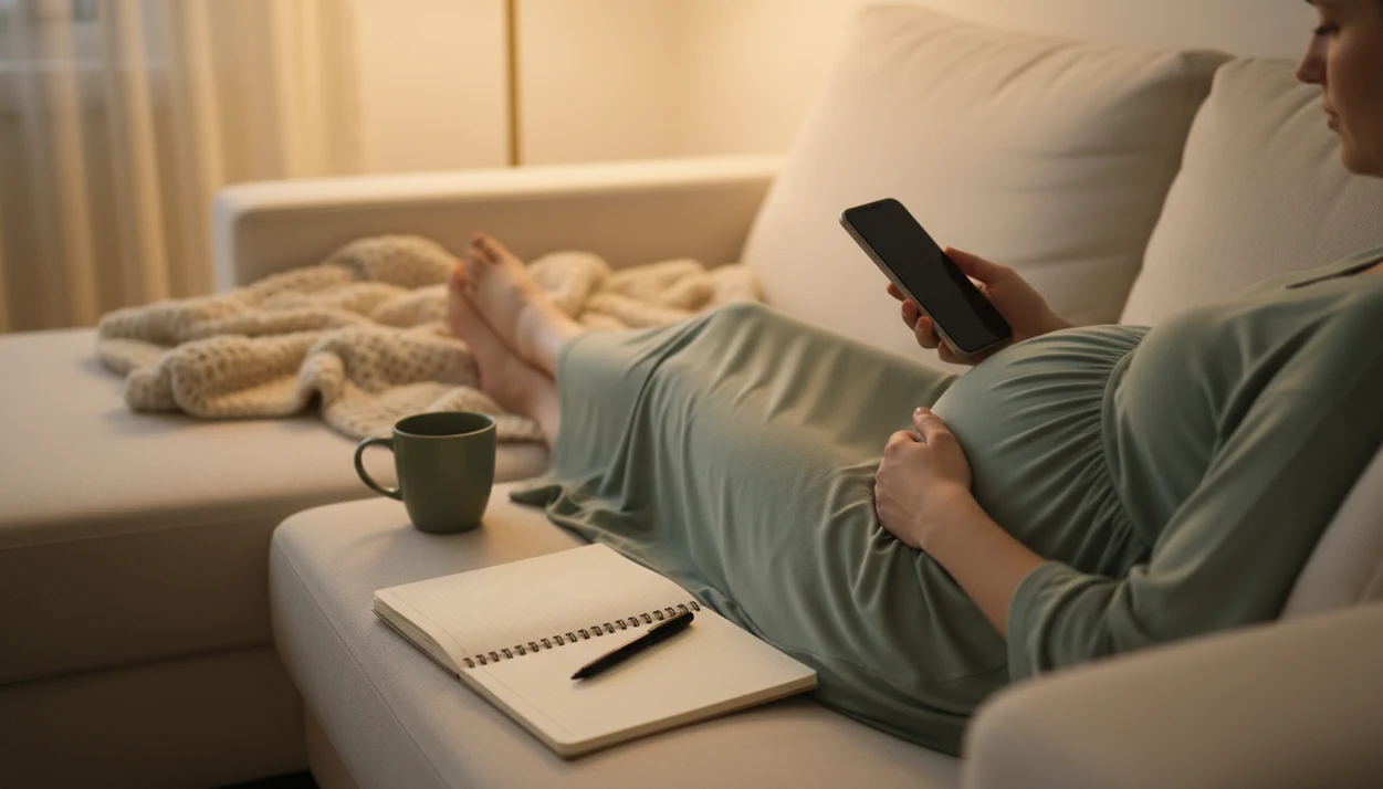 A pregnant person rests on a couch with a hand on their belly, a blank phone, notebook, and blanket nearby.